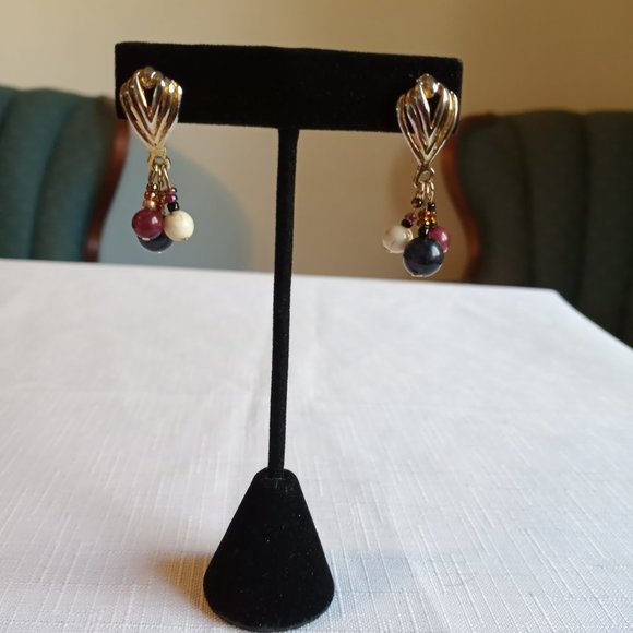 Bundle Deep Red Dk. Blue Lavender Gold Bone EUC Earrings 22" Necklace-Item #150 - Picture 2 of 3